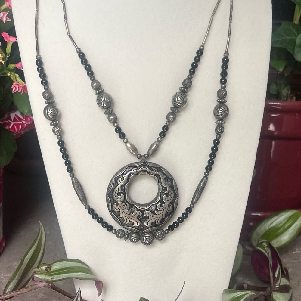 Artisan Silver Tone and Black Beaded Necklace